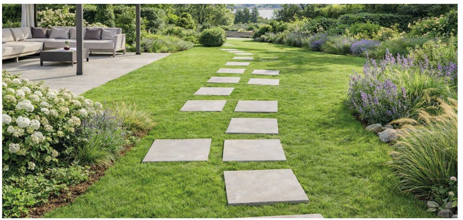 Dallage grand format posé en allée de jardin sur pelouse, pose sur plots.