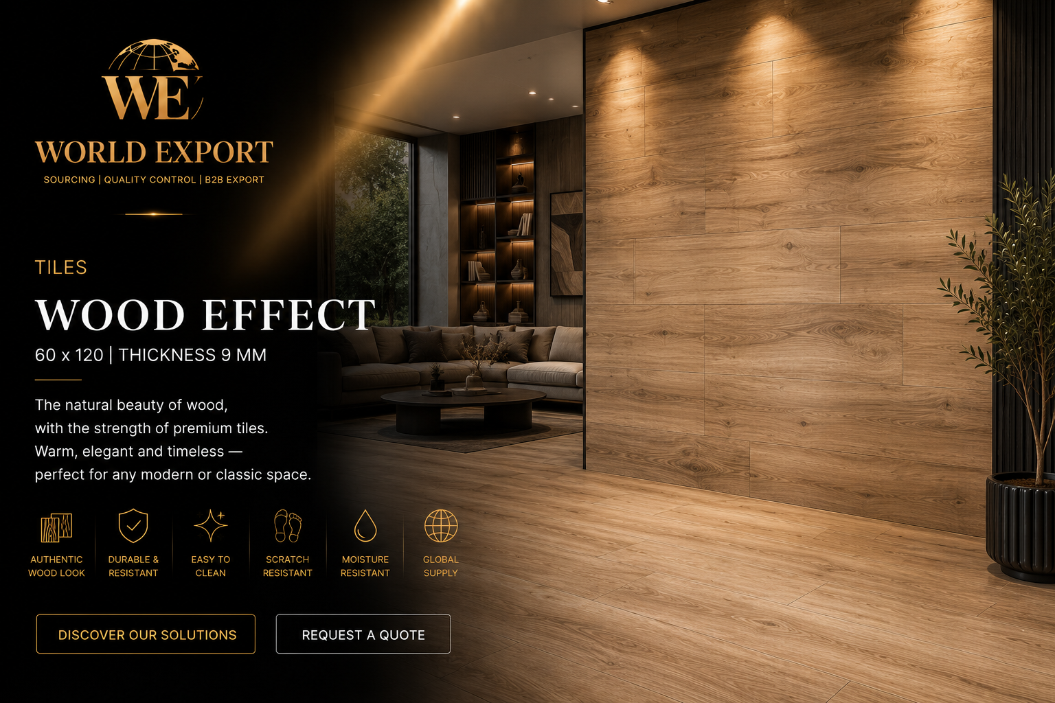 Affiche de marque World Export — Carrelage Effet Bois, finition premium.