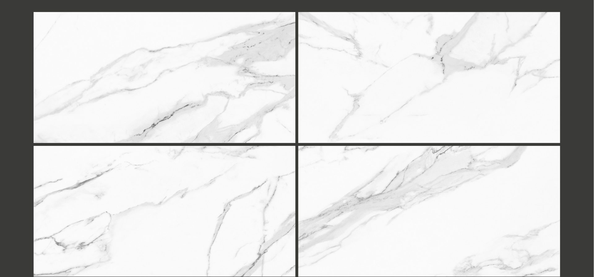 Carrelage grand format effet marbre, décor Statuario Volcano, fini glossy, 600×1200mm.