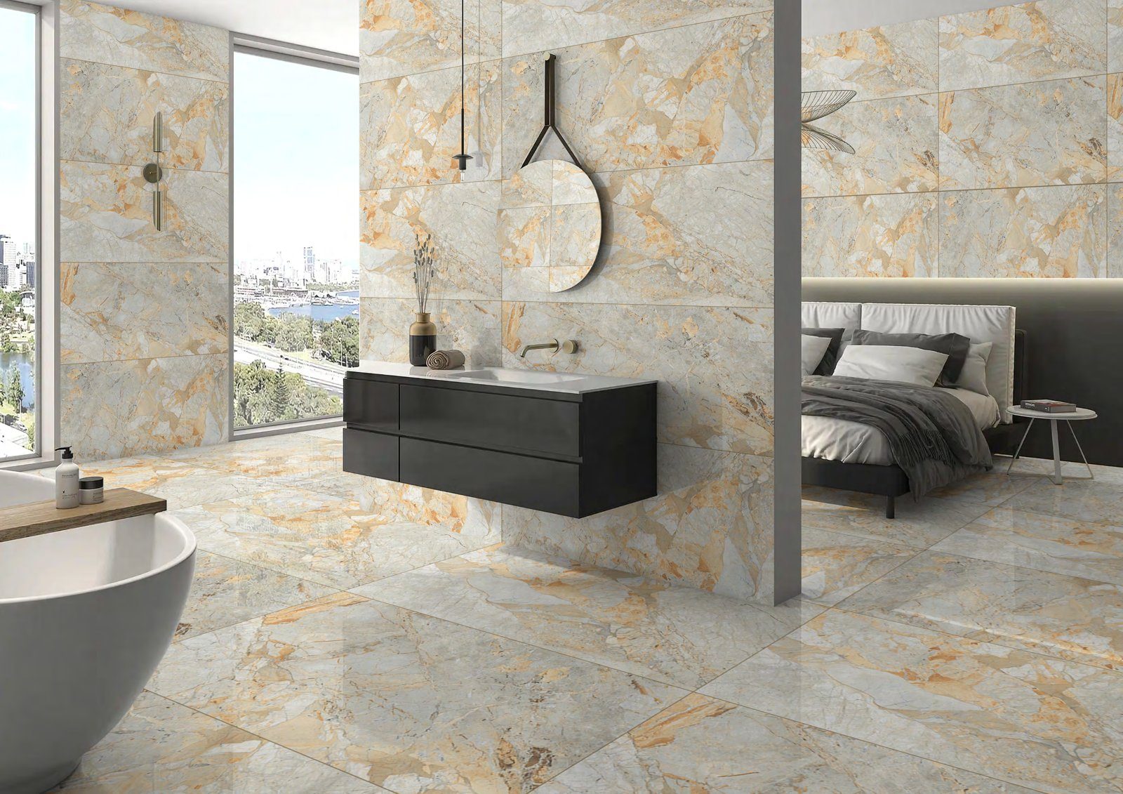 Chambre et salle de bain avec carrelage grand format effet marbre doré, World Export & Co.