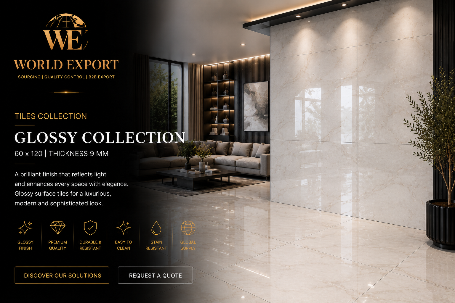 Affiche de marque World Export — Carrelage Collection Brillante, finition premium.