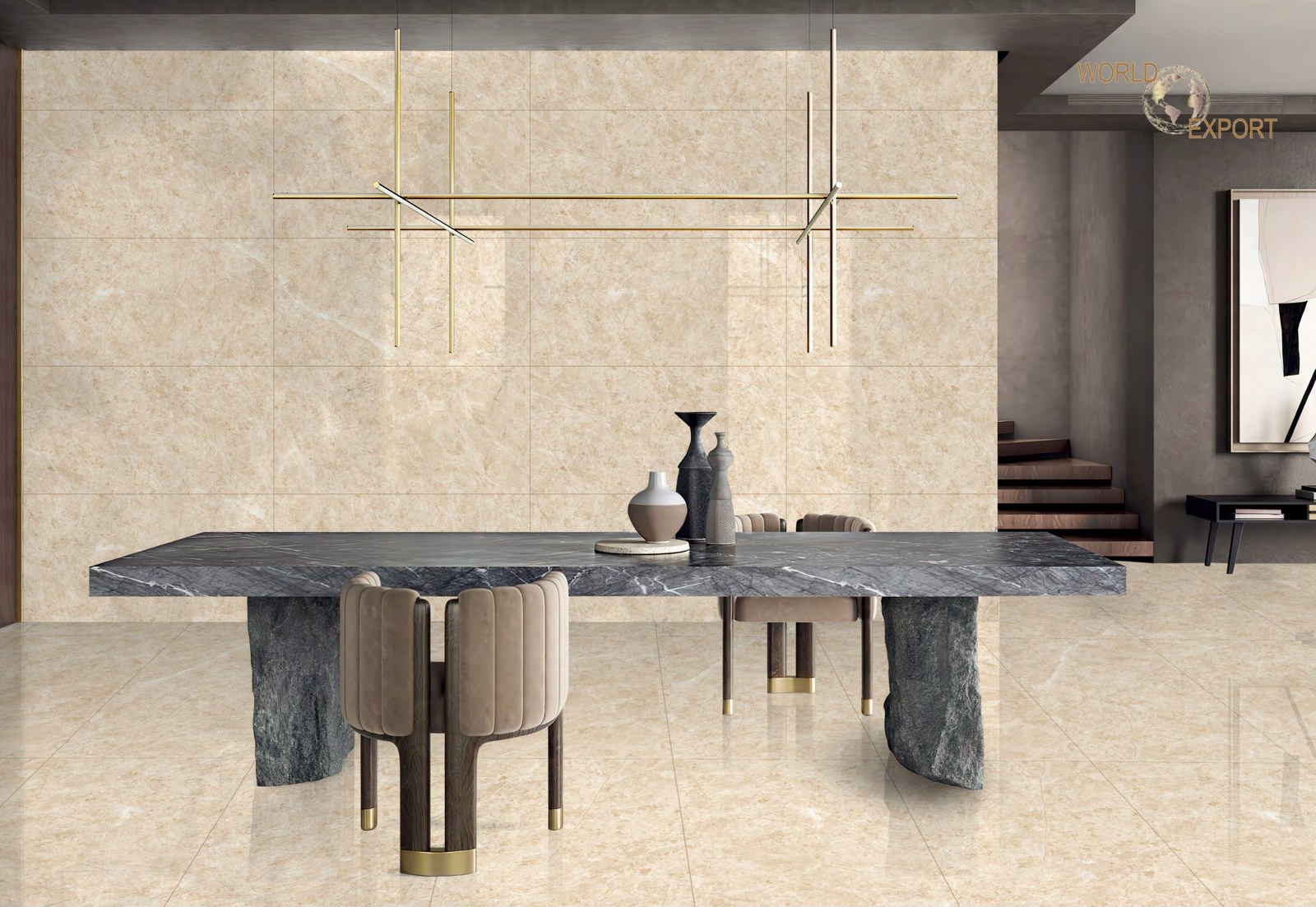 Salle à manger avec sol en carrelage grand format Infinite Collection, effet marbre beige veiné, fini glossy, World Export & Co.