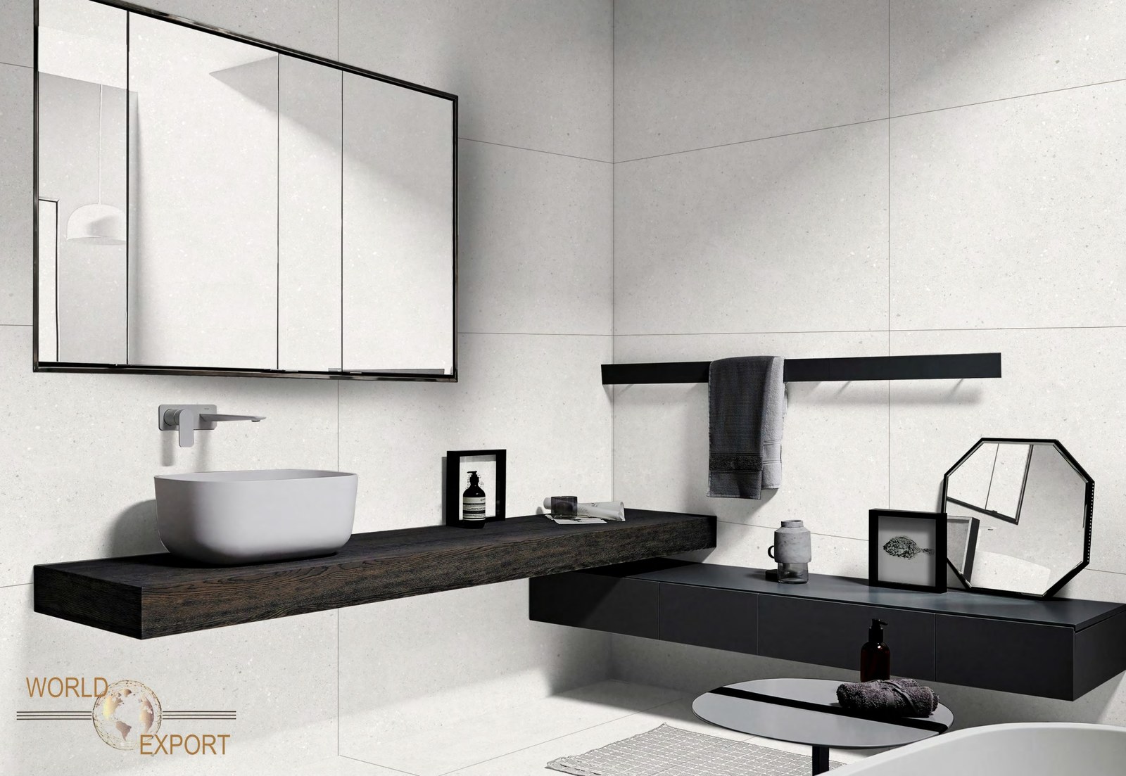 Salle de bain avec vasque noire et carrelage grand format Matt Collection, effet pierre blanche, fini mat, World Export & Co.