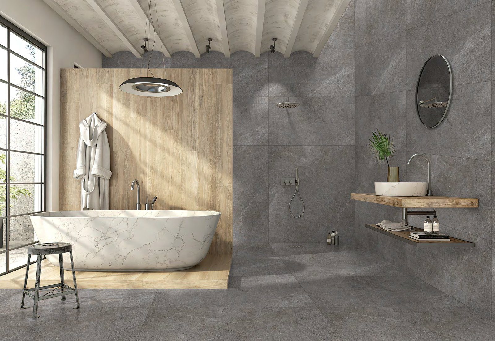 Salle de bain avec carrelage grand format Matt Collection, effet pierre grise, fini mat, World Export & Co.