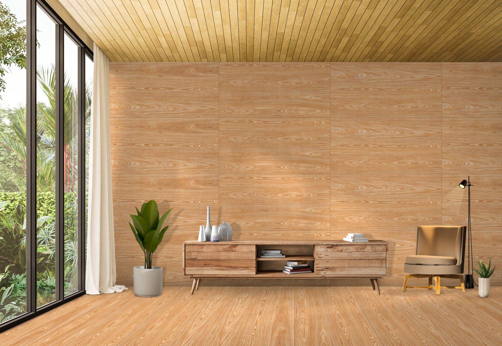 Salon avec carrelage grand format effet bois clair, World Export & Co.