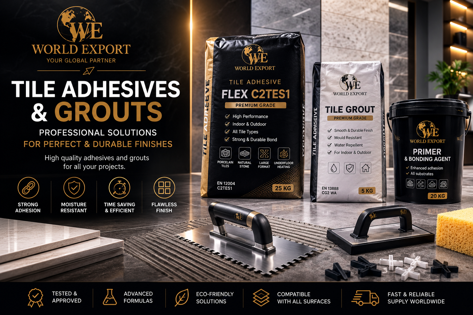 Affiche de marque World Export — sacs de colle carrelage FLEX C2TES1, joint de carrelage premium et primaire d'accrochage, outils de pose.
