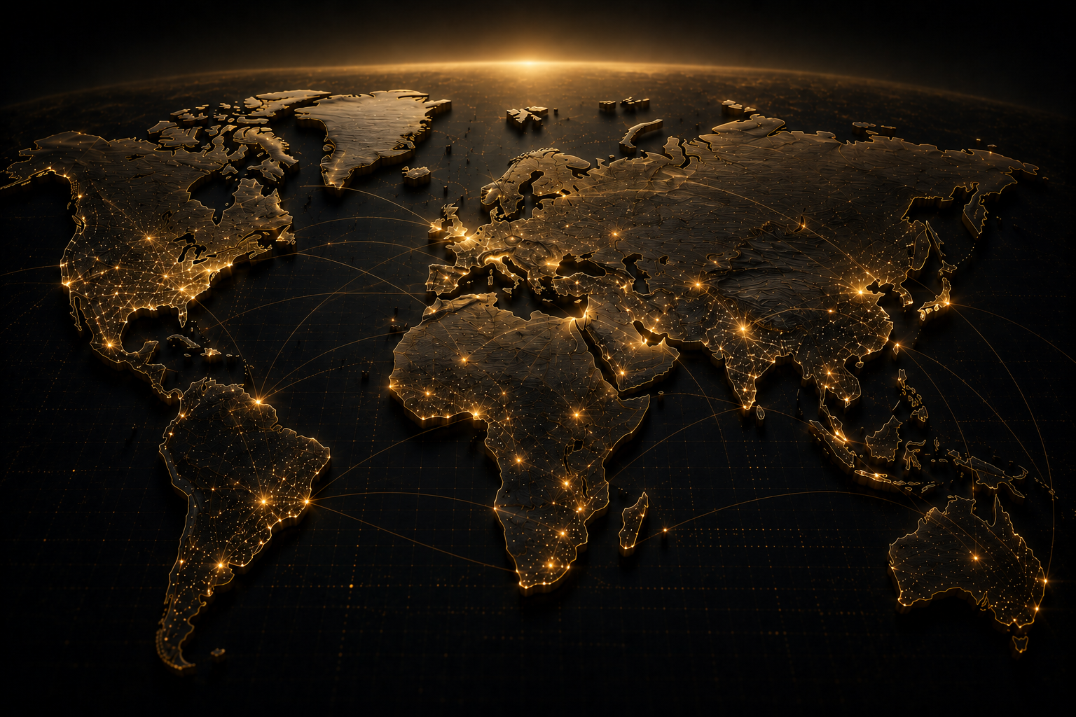 Carte du monde métallique or sur fond noir, connexions lumineuses entre continents, horizon éclairé -- réseau mondial d'approvisionnement World Export.