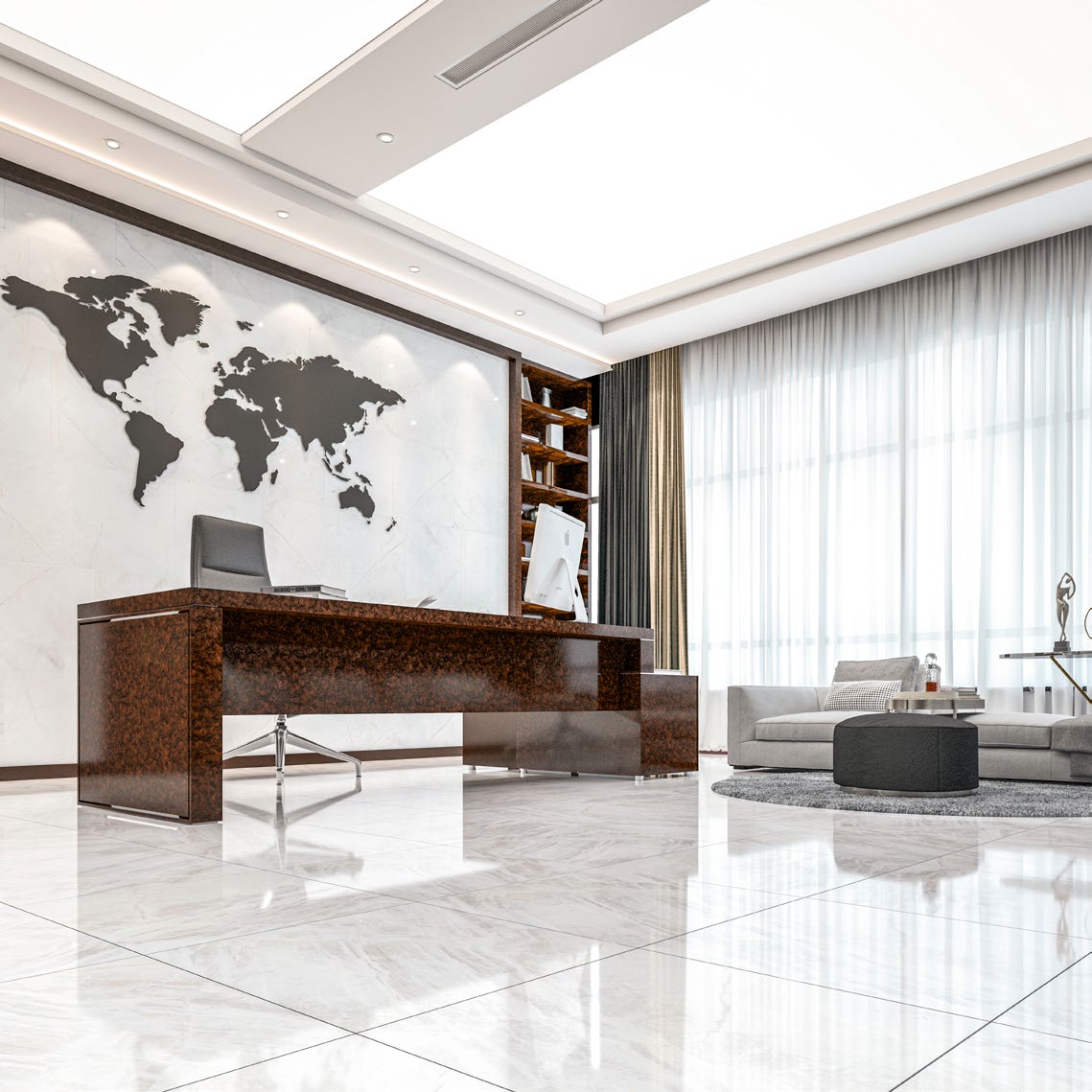Bureau de direction, mur en marbre blanc veiné RIMA White rétroéclairé, carte du monde murale, rendu d'ambiance.