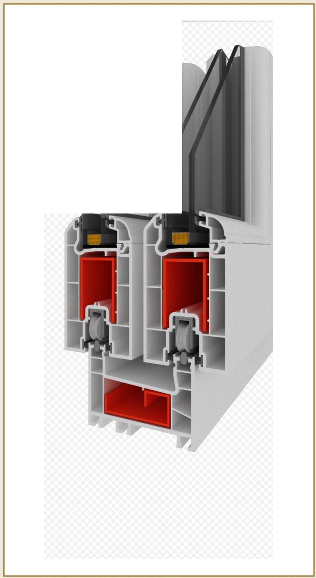 Coupe 3D d'une porte-fenêtre coulissante PVC PROSLIDE-84, profil 84 mm à 3 chambres, double rail.