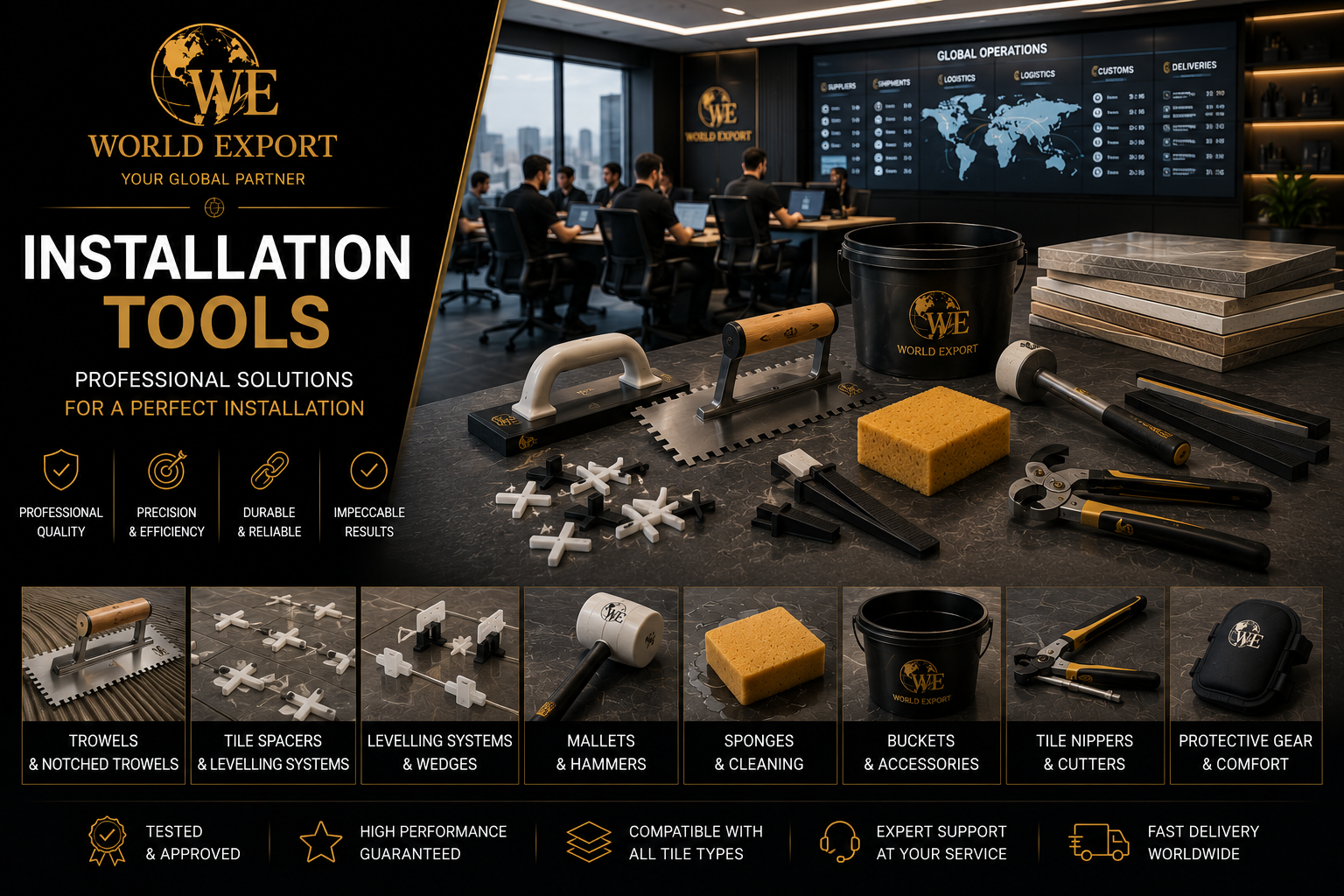 Affiche de marque World Export — Produits de pose : logo World Export en tête, outils de pose professionnels.