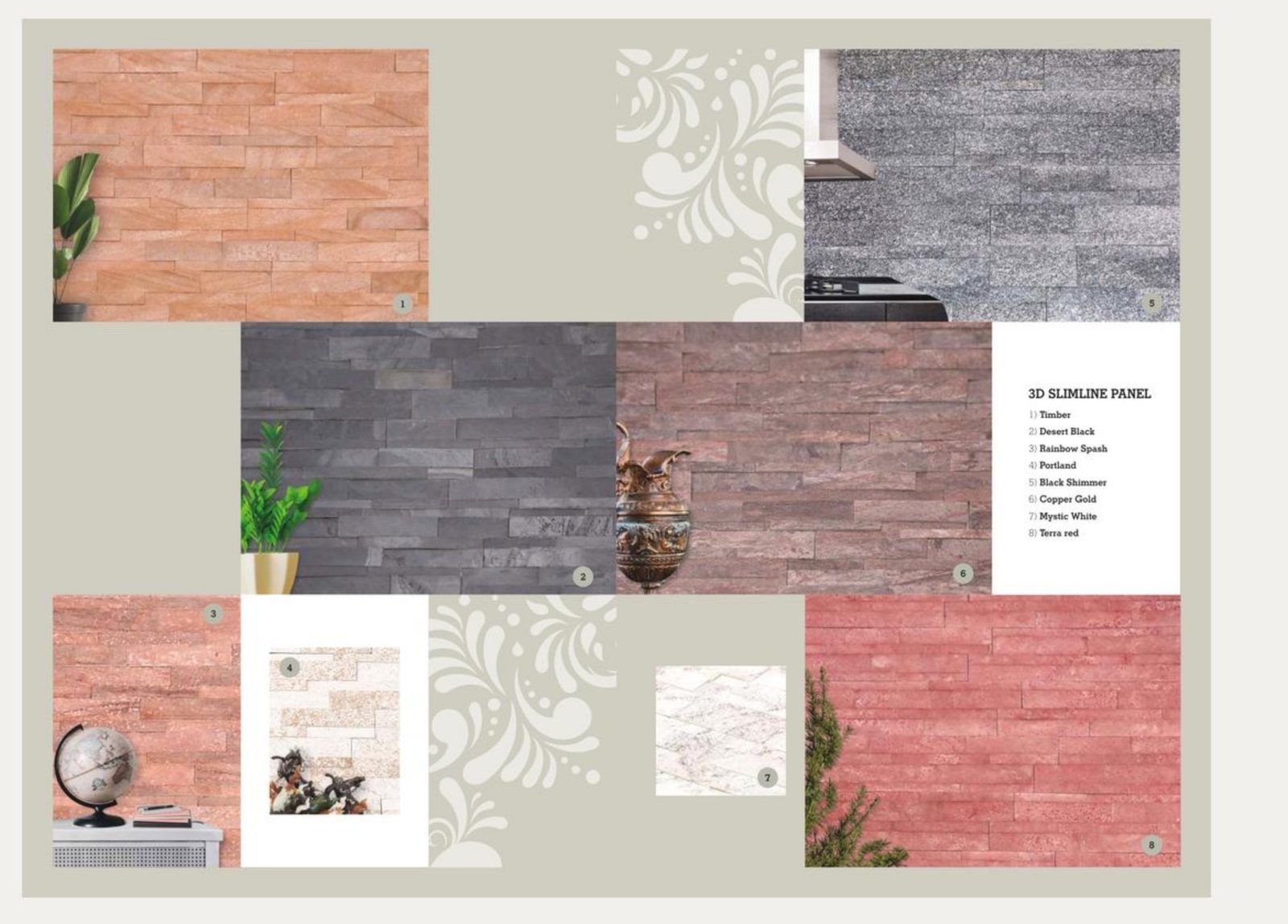 Montage de 8 applications murales Z-Shape 3D Slimline Panel (Timber, Desert Black, Rainbow Splash, Portland, Black Shimmer, Copper Gold, Mystic White, Terra Red).