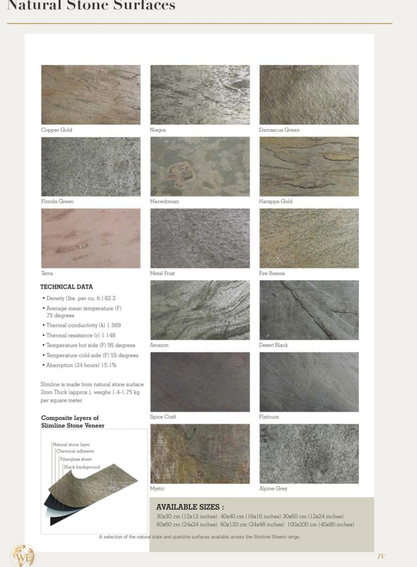 Nuancier des 15 finitions Slimline Sheets, pierre naturelle fine sur support fibre de verre.