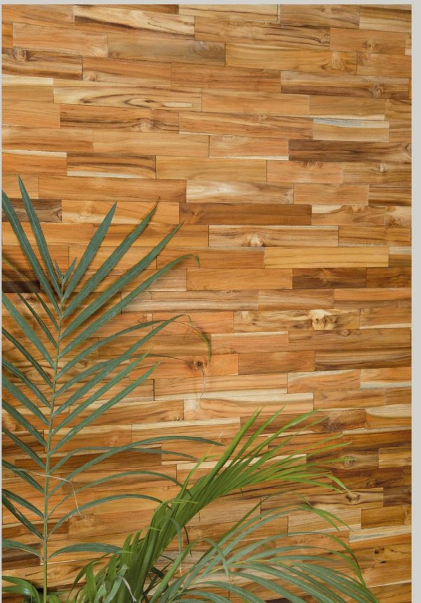 Mur intérieur habillé du panneau bois Buckingham Dew, teck naturel.