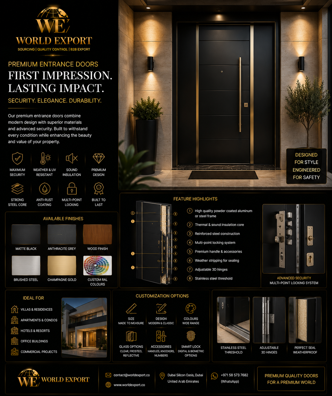 Affiche de marque World Export — Portes d'entrée : porte noire premium en situation, finitions, sécurité multipoints.