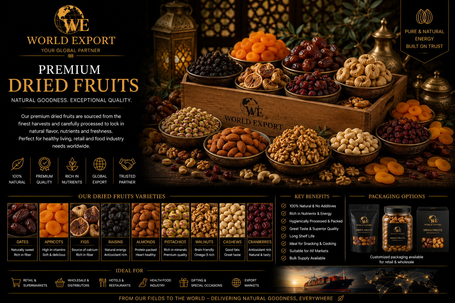 Affiche de marque World Export — Produits secs : logo World Export en tête, fruits secs et produits déshydratés.