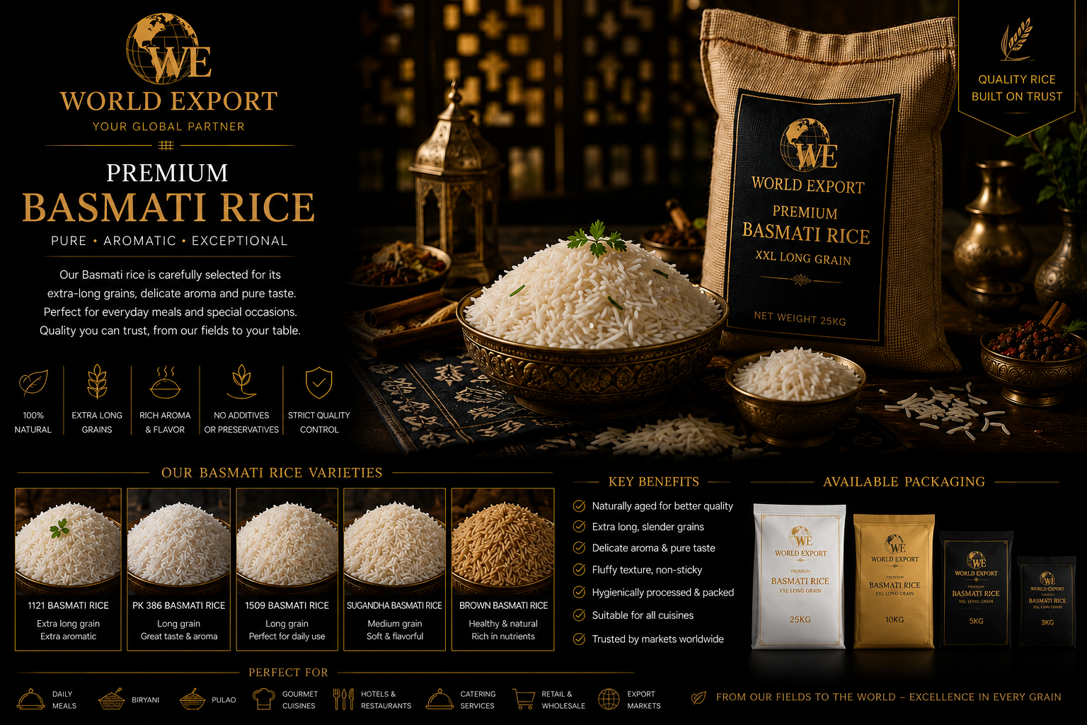 Affiche de marque World Export — Riz : logo World Export en tête, photo représentative de grains de riz (export conteneurisé).
