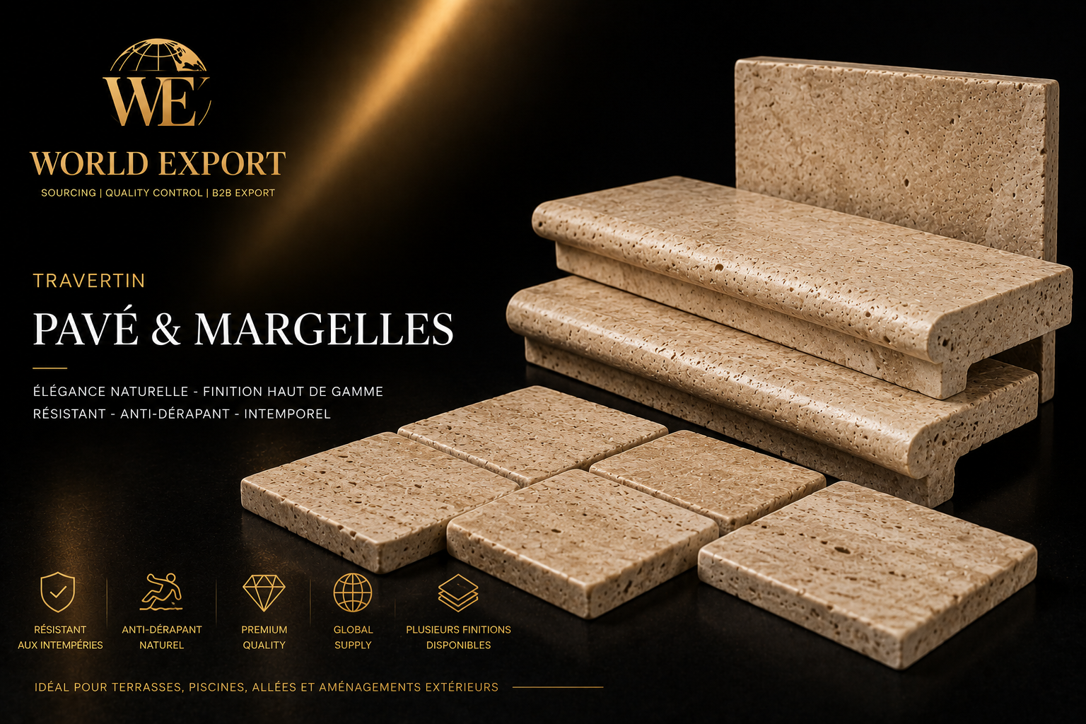 Affiche de marque World Export — Travertin Pavé & Margelles : élégance naturelle, anti-dérapant, plusieurs finitions.