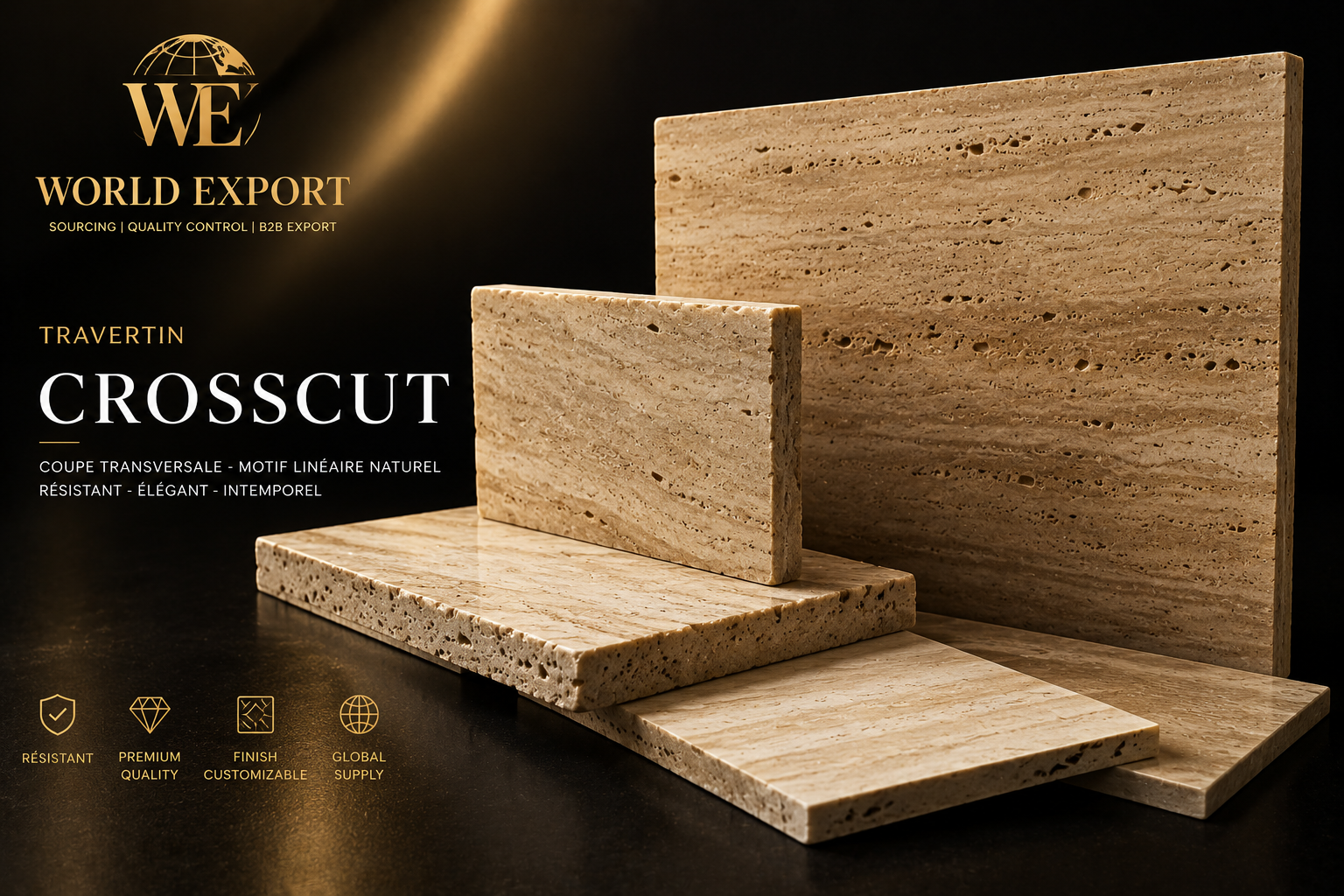 Affiche de marque World Export — Travertin Cross Cut : coupe transversale, motif linéaire naturel.