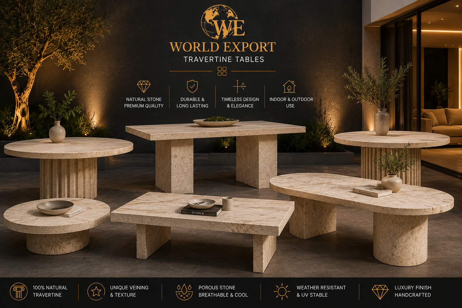 Affiche de marque World Export — Tables & tables basses en travertin.